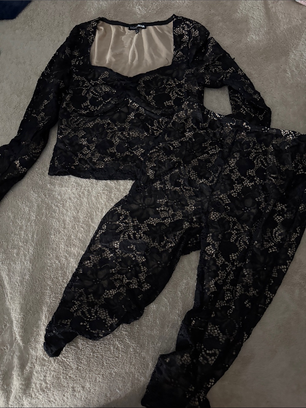 Sheer Black Lace Long-Sleeve Top and Pants Set